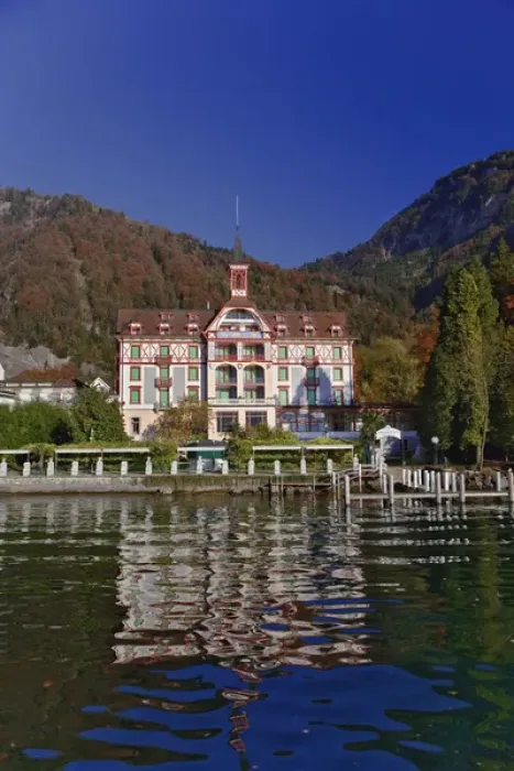 Framed Print : Hotel in autum along shore of Lake Lucerne from sightseeing boat, Lucerne, Switzerland
