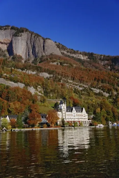 Framed Print : Hotel in autumn, along shore of Lake Lucerne from sightseeing boat, Lake Lucerne Framed Print : Hotel in autumn, along shore of Lake Lucerne from sightseeing boat, Lake Lucerne