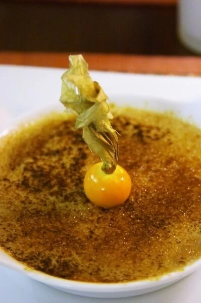 Hotel Residence in Nissan-lez-Enserune La Clape. Languedoc. Creme brulee with physalis