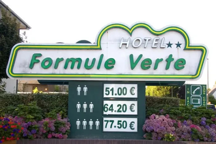 Framed Print : Hotel sign with price in euros at Le Mont Saint Michel in the region of Basse-Normandie