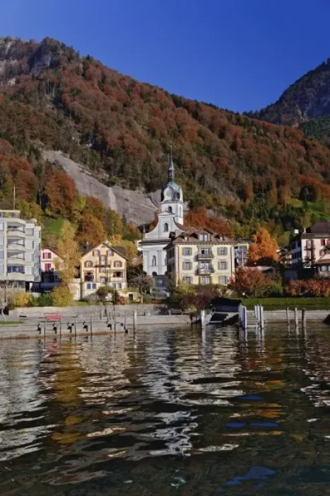 Framed Print : Hotels in autumn along shore of Lake Lucerne from sightseeing boat, Lake Lucerne