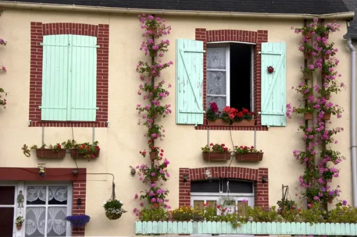 Framed Print : House with a nice display of geraniums in the department of Manche, France