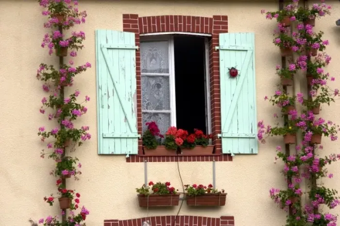 Framed Print : House with a nice display of geraniums in the department of Manche, France Framed Print : House with a nice display of geraniums in the department of Manche, France