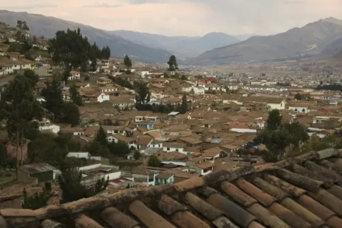 Framed Print : Houses with clay tile roofs, viewed from above, Cuzco, Peru