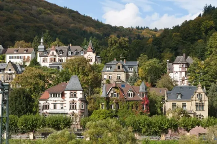 Framed Print : Houses on the north side of Neckar River, Heidelberg, Germany Framed Print : Houses on the north side of Neckar River, Heidelberg, Germany