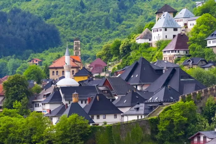 Framed Print : Houses in the old town, Jajce, Bosnia