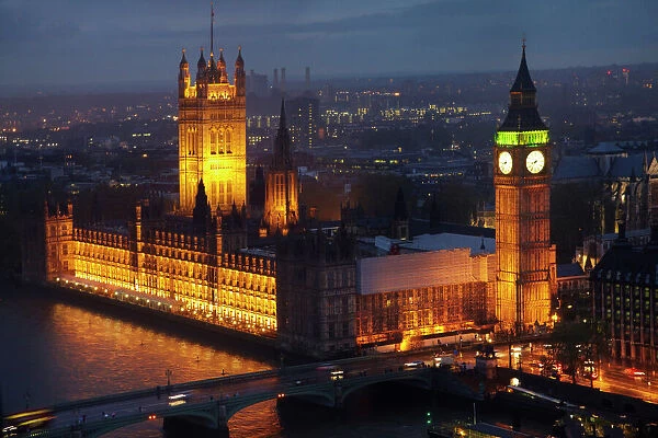 Houses of Parliament, Big Ben, Westminster Bridge, and River Thames seen from London Eye