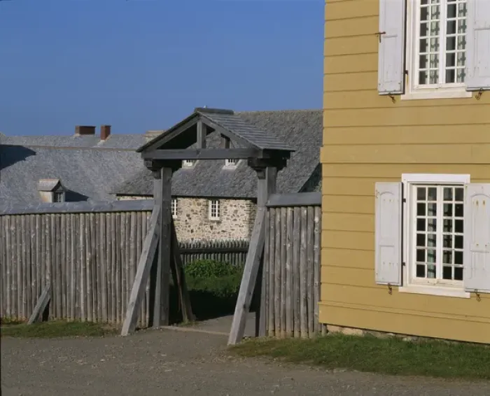 Framed Print : Houses along street in Fortress of Louisbourg Nat l Historic Site, Nova Scotia