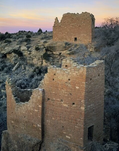 Hovenweep National Monument, Colorado. USA. Great House (upper) & Holly House (lower) at dawn