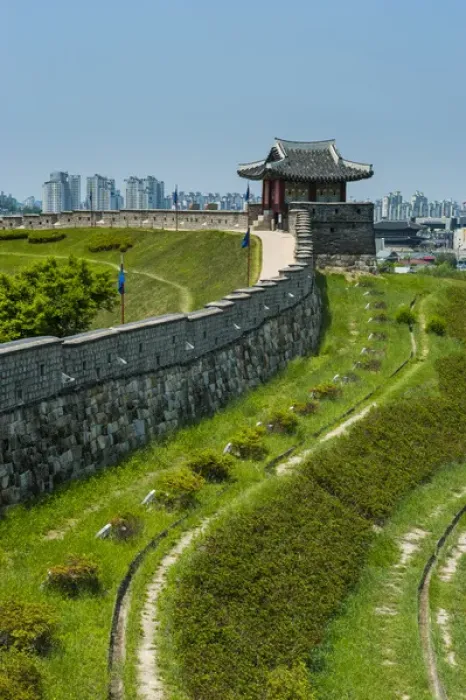 Framed Print : Huge stone walls around the Unesco world heritage sight the fortress of Suwon, South Framed Print : Huge stone walls around the Unesco world heritage sight the fortress of Suwon, South