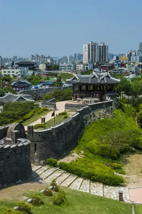 Framed Print : Huge stone walls around the Unesco world heritage sight the fortress of Suwon, South Framed Print : Huge stone walls around the Unesco world heritage sight the fortress of Suwon, South