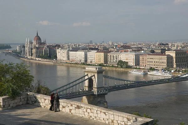 HUNGARY-Budapest: Buda  /  Castle Hill View of- Danube River, Szechenyi (Chain)