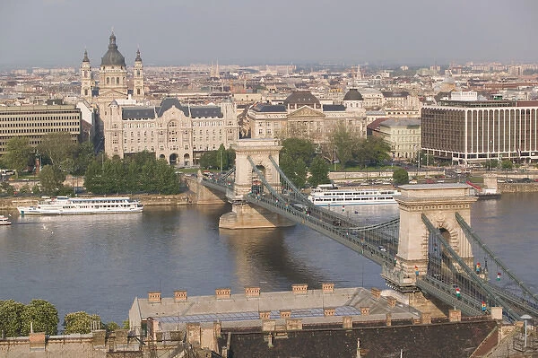 HUNGARY-Budapest: Buda  /  Castle Hill View of- Danube River & Szechnyi (Chain)