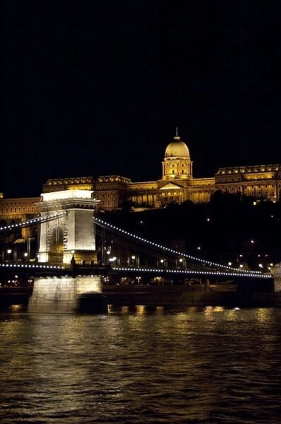 Hungary, Budapest, Buda. Night view of the Castle Hill, Chain Bridge, and the Palace (aka Castle)