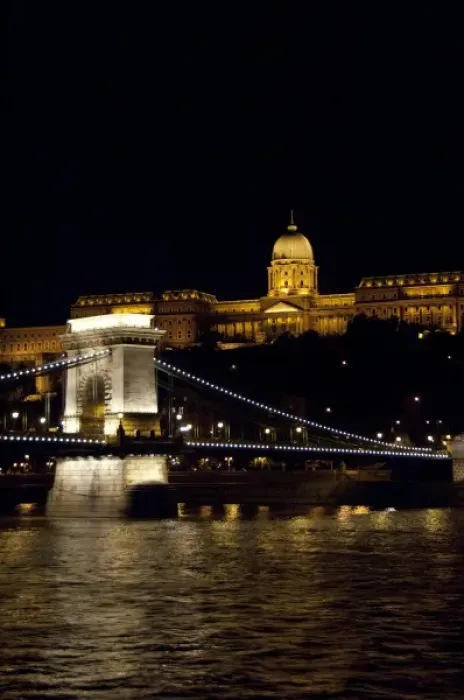 Framed Print : Hungary, Budapest, Buda. Night view of the Castle Hill, Chain Bridge, and the Palace (aka Castle)