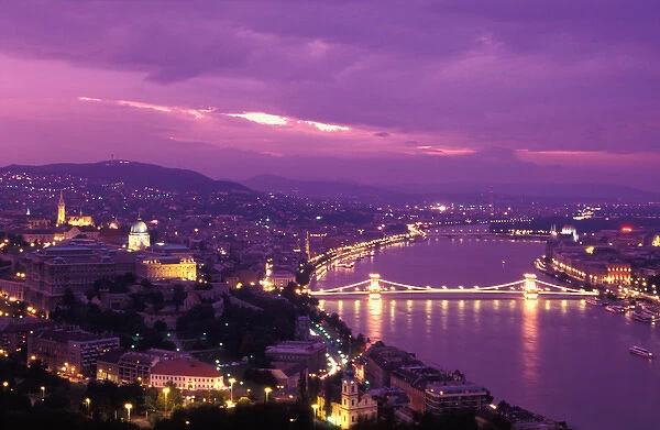 Hungary, Budapest, City and Danube river at dusk