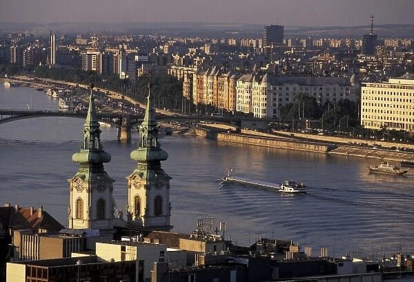 Hungary, Budapest. Danube River, Margit Bridge and St. Annes Church