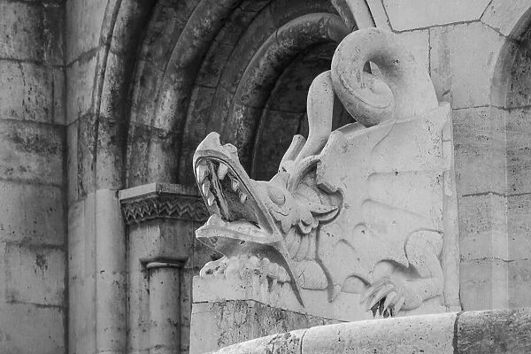 Hungary, Budapest. Dragon statue at Fishermans Bastion building