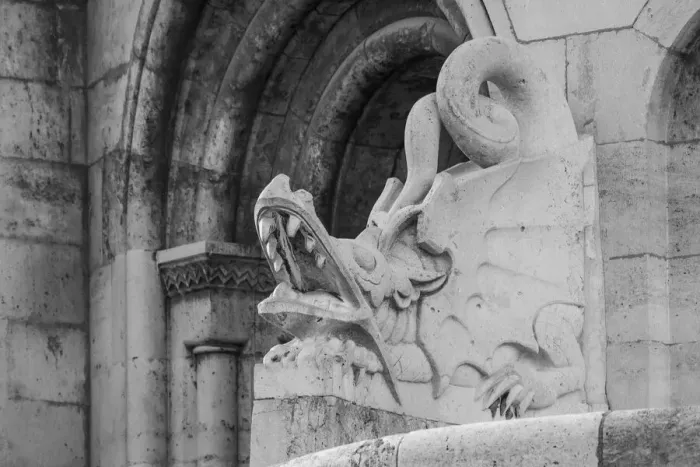 Framed Print : Hungary, Budapest. Dragon statue at Fishermans Bastion building Framed Print : Hungary, Budapest. Dragon statue at Fishermans Bastion building