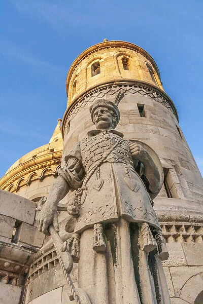 Hungary, Budapest. Fishermans Bastion and statue of Janos Hunyadi