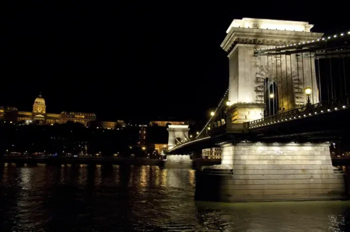 Framed Print : Hungary, Budapest. Night view of Chain Bridge from Pest across the Danube Framed Print : Hungary, Budapest. Night view of Chain Bridge from Pest across the Danube