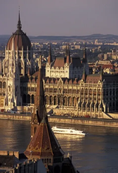 Framed Print : Hungary, Budapest. Parliament house and Calvinist Church on the Danube River Framed Print : Hungary, Budapest. Parliament house and Calvinist Church on the Danube River