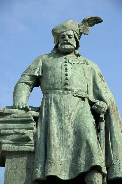 Hungary, Budapest, Pest. Historic Heros Square (aka Hosok tere), statue