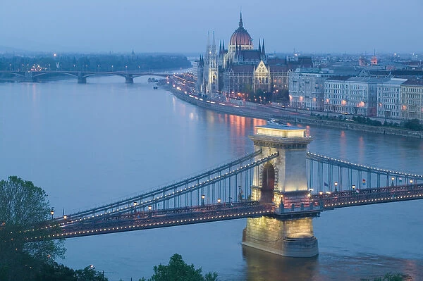 HUNGARY-Budapest: Szechenyi (Chain) Bridge, Parliament & Danube River from Castle Hill