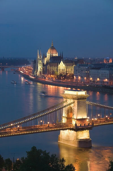 HUNGARY-Budapest: Szechenyi (Chain) Bridge, Parliament & Danube River from Castle Hill