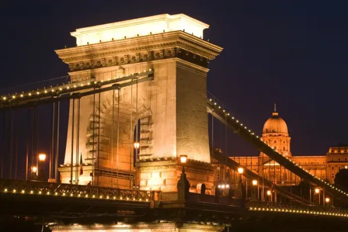 Framed Print : HUNGARY-Budapest: Szechenyi (Chain) Bridge, National Gallery & Danube River  /  Evening