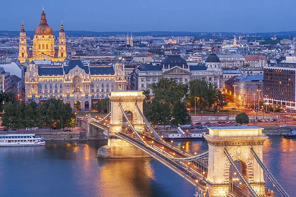 Hungary, Budapest. Szechenyi Chain Bridge across the Danube River