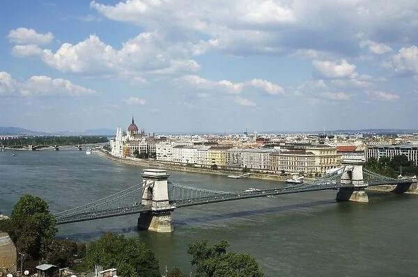 Hungary, Budapest. View of Chain Bridge over Danube river