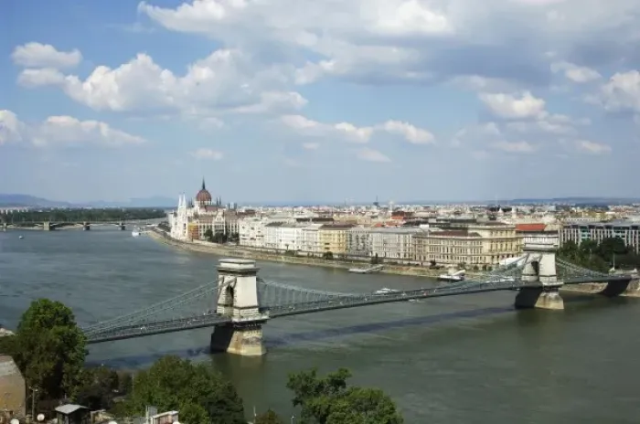 Framed Print : Hungary, Budapest. View of Chain Bridge over Danube river Framed Print : Hungary, Budapest. View of Chain Bridge over Danube river