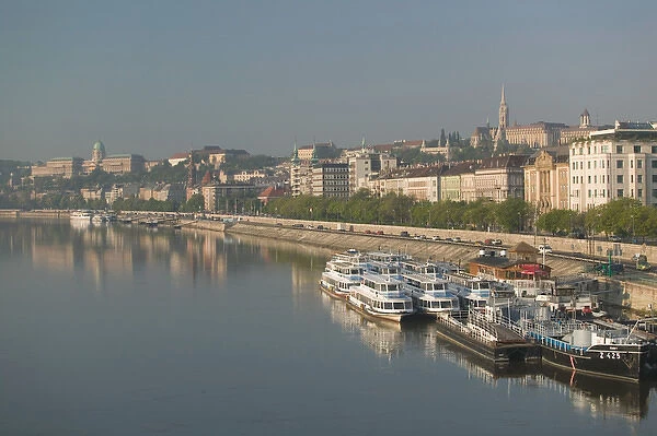 HUNGARY-Budapest: View of Danube Riverfront (Buda) & Riverboats from Margit Bridge