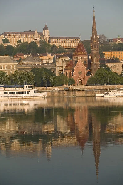 HUNGARY-Budapest: View of Danube Riverfront (Buda) & Calvinist Church  /  Morning