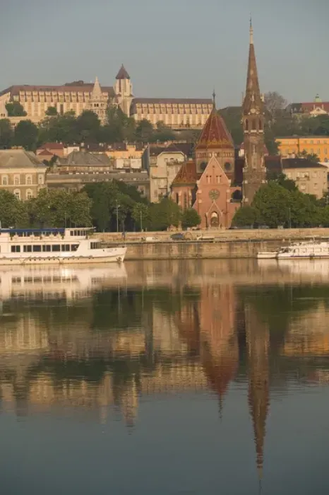 Framed Print : HUNGARY-Budapest: View of Danube Riverfront (Buda) & Calvinist Church  /  Morning