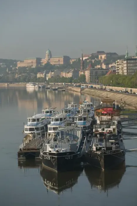 Framed Print : HUNGARY-Budapest: View of Danube Riverfront (Buda) & Riverboats from Margit Bridge