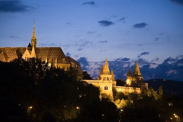 HUNGARY, Budapest. View of Fishermans Bastion and the Matthias Church from Castle Hill