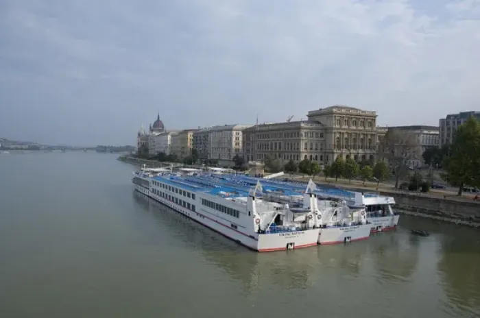 Framed Print : Hungary, Budapest. Viking Riverboats docked along the Pest side of the Danube River