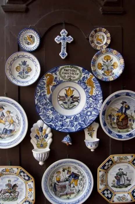 Framed Print : Hungary, capital city of Budapest. Buda, Castle Hill. Traditional Hungarian blue & yellow pottery