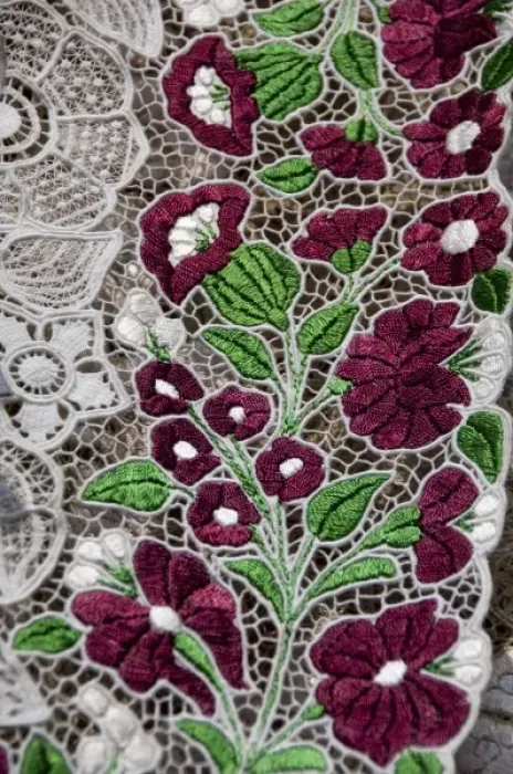 Framed Print : Hungary, capital city of Budapest. Buda side, Castle Hill. Traditional hand made embroidered lace