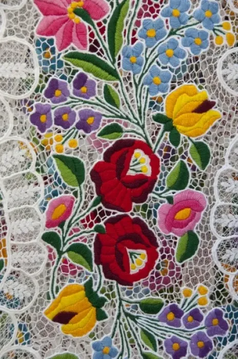 Framed Print : Hungary, capital city of Budapest. Buda side, Castle Hill. Traditional hand made embroidered lace