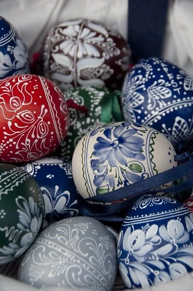 Hungary, capital city of Budapest. Traditional Hungarian handicrafts, colorful painted wooded eggs
