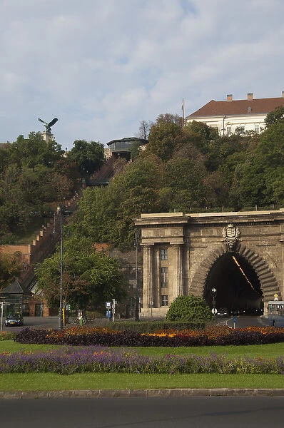 Hungary, capital city of Budapest. Tunnel to Castle Hill, finicular on left