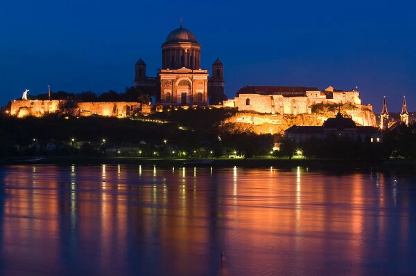 HUNGARY-DANUBE BEND-Estergom: Estergom Basilica (b. 1856) & Danube River  /  Evening