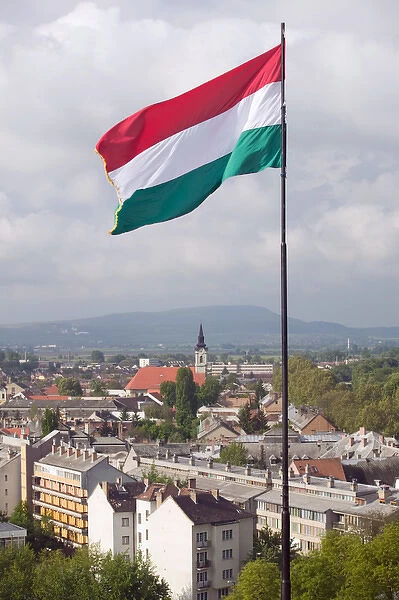 HUNGARY-DANUBE BEND-Estergom: Town View & Hungarian Flag