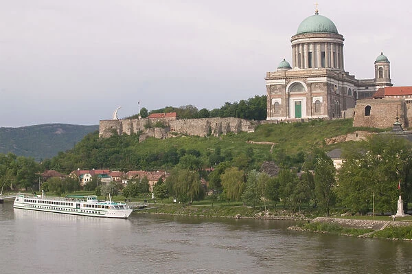 HUNGARY-DANUBE BEND-Estergom: View of Estergom Basilica (b. 1856) & Danube River