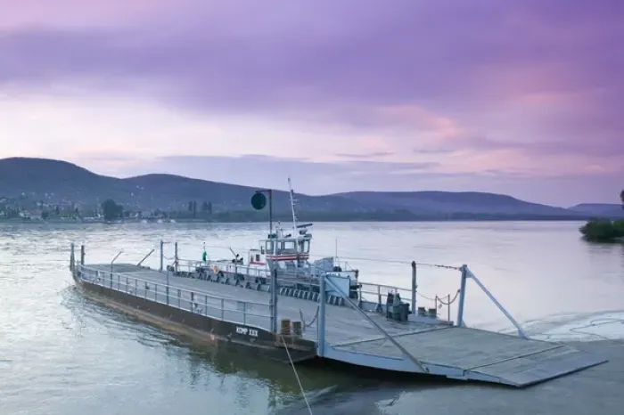 Framed Print : HUNGARY-DANUBE BEND-Visegrad: Danube River Ferry  /  Sunset