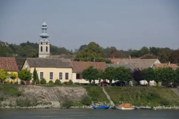 Framed Print : Hungary. Danube River view near Kalocsa. Typical waterfront village with clock tower Framed Print : Hungary. Danube River view near Kalocsa. Typical waterfront village with clock tower