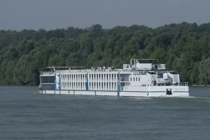 Framed Print : Hungary. Danube River view. Passenger river cruise boat, Bellevue, near Kalocsa